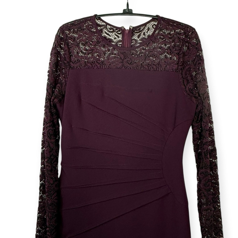 Deep Plum Sunburst Ruched Bodycon Dress Dark Vampy Romance Lace Sleeves Sz 2 - Picture 11 of 15